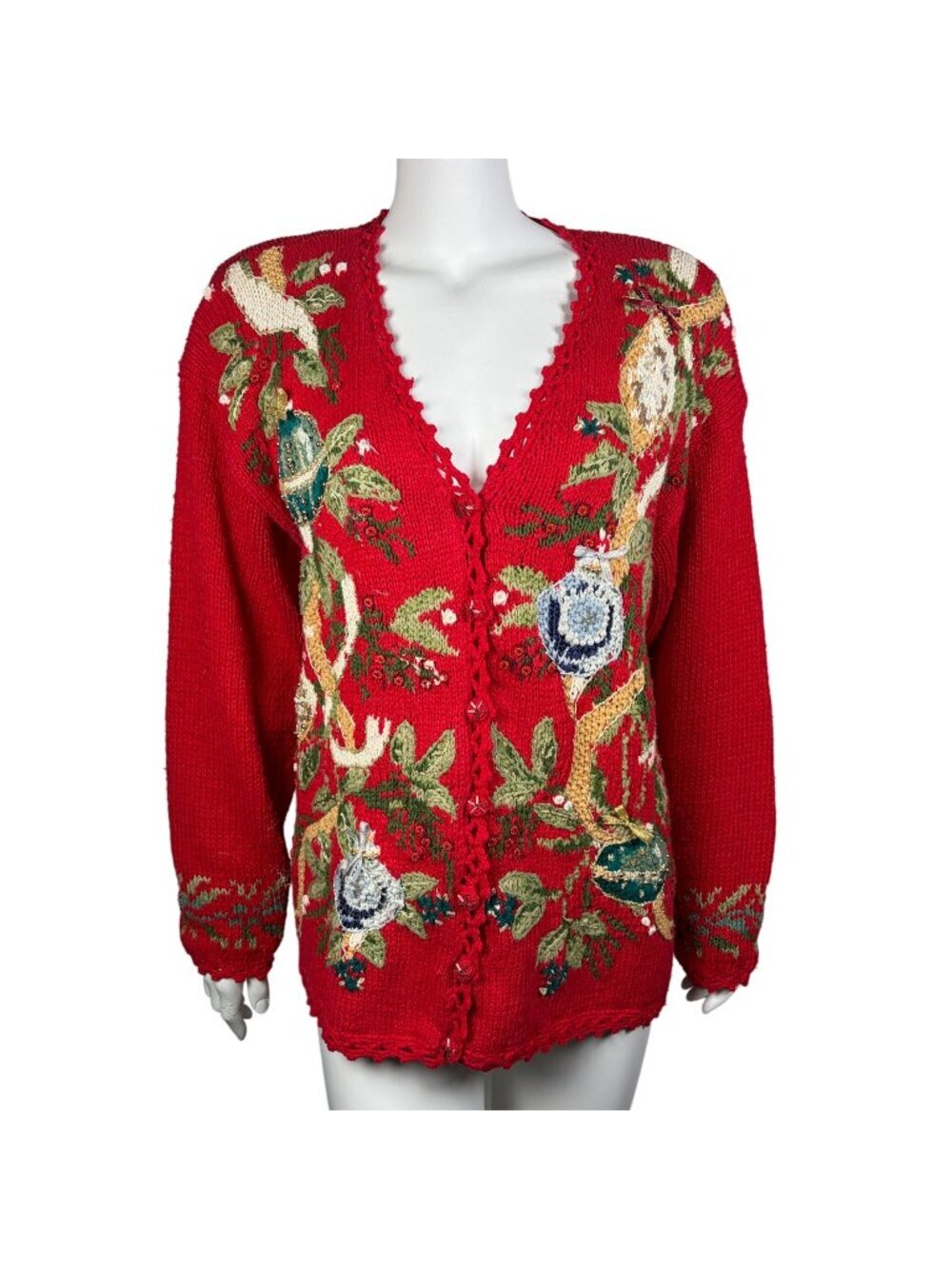 Vintage Tiara International Christmas Cardigan Sweater Size L Beaded Embroidered